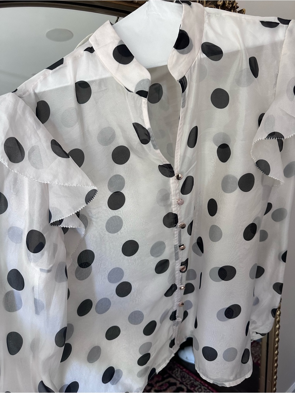 Ann Taylor White Sheer Polka Dot Blouse with Black Dots
